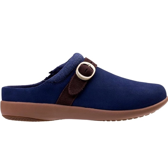 Navy Blue Suede Mules with Brown Strap - Picture 3 of 6